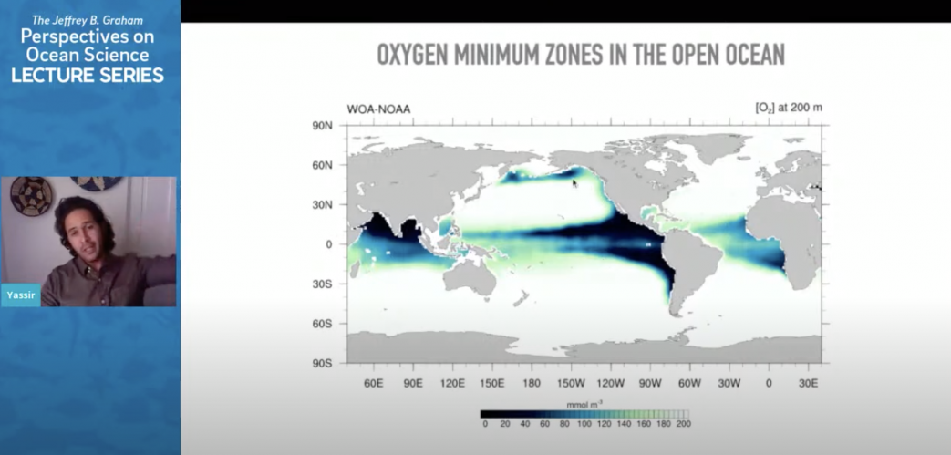 A screenshot of Yassir Eddebar presenting a graph depicting oxygen minimum zones in the open ocean